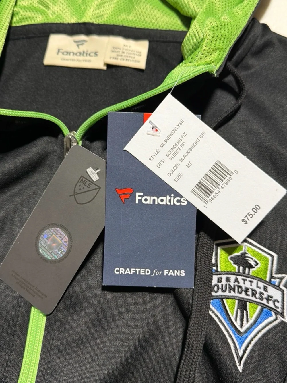 Fanatics Black Hoodie with Neon Green Accents - Seattle Sounders FC
